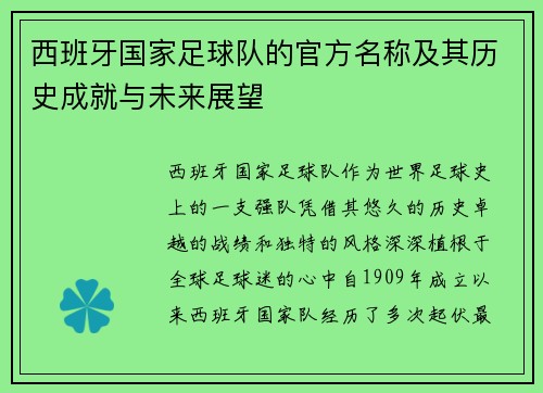 西班牙国家足球队的官方名称及其历史成就与未来展望